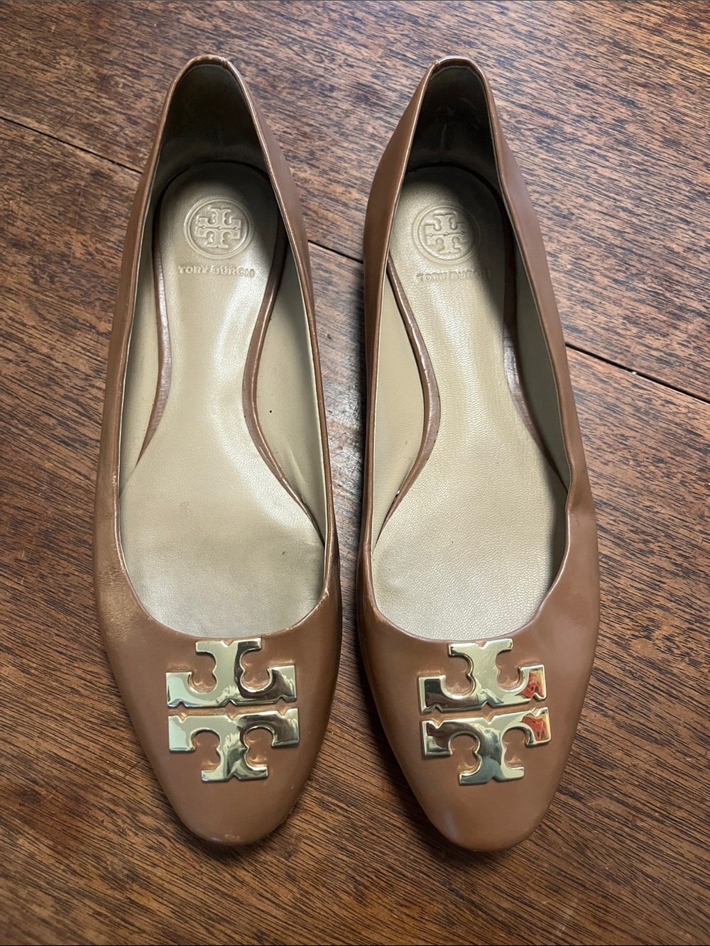 Tory Burch Tan Leather Ballet Flats with Gold Logo Hardware